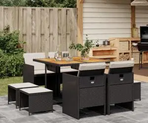 vidaXL Set mobilier de grădină cu perne, 9 piese, negru, poliratan
