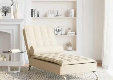 Șezlong de masaj cu sprijin, crem, material textil - 3/5