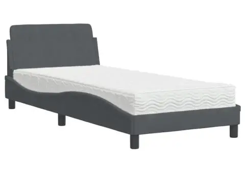 Pat cu saltea, gri închis, 90x190 cm, catifea - 2/5