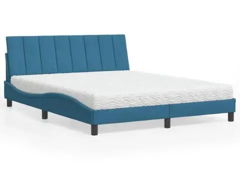 Pat cu saltea, albastru, 160x200 cm, catifea - 1/5