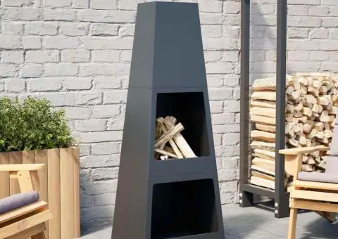 Șemineu de exterior, magazie de bușteni, negru design turn oțel - 1/5