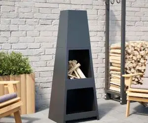 vidaXL Șemineu de exterior, magazie de bușteni, negru design turn oțel