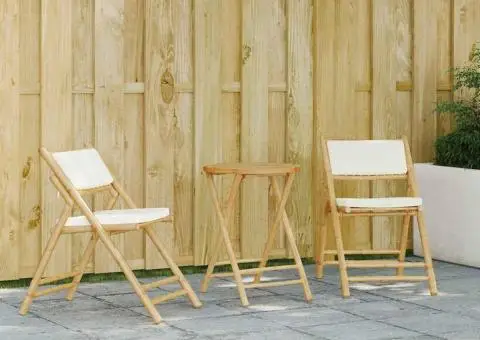 Set de bistro pliabil, 3 piese, cu perne alb crem, bambus - 1/5