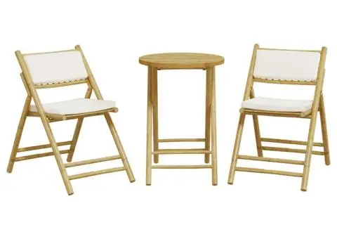 Set de bistro pliabil, 3 piese, cu perne alb crem, bambus - 4/5