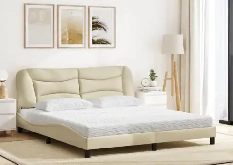 Pat cu saltea, crem, 180x200 cm, textil - 3/5