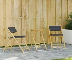 vidaXL Set de bistro pliabil, 3 piese, cu perne gri închis, bambus