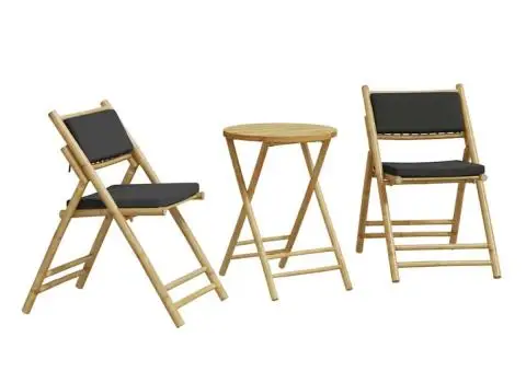 Set de bistro pliabil, 3 piese, cu perne gri închis, bambus - 2/5