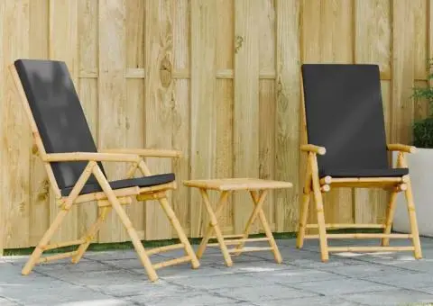 Set de bistro pliabil, 3 piese, cu perne gri închis, bambus - 1/5