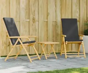 vidaXL Set de bistro pliabil, 3 piese, cu perne gri închis, bambus