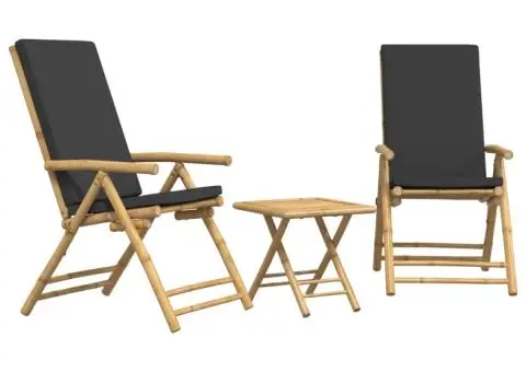 Set de bistro pliabil, 3 piese, cu perne gri închis, bambus - 2/5