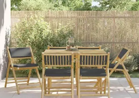 Scaune bistro pliabile, 6 buc., cu perne gri închis, bambus - 1/5