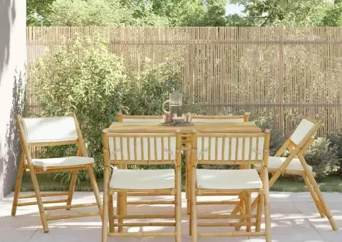 Scaune bistro pliabile, 6 buc., cu perne alb crem, bambus - 1/5