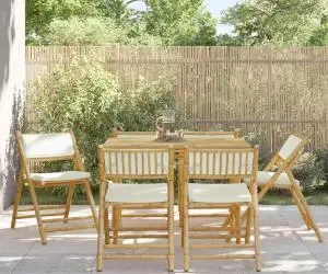 vidaXL Scaune bistro pliabile, 6 buc., cu perne alb crem, bambus