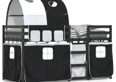 Pat supraetajat de copii perdele, alb/negru, 90x200 cm lemn pin - 2/5