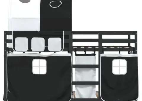 Pat supraetajat de copii perdele, alb/negru, 90x200 cm lemn pin - 5/5