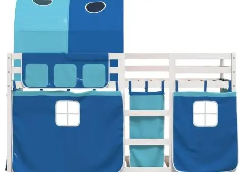 Pat supraetajat cu perdele, albastru, 90x190 cm, lemn masiv pin - 5/5