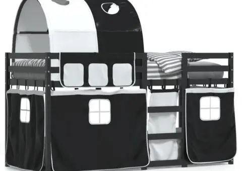 Pat supraetajat de copii perdele, alb/negru, 90x190 cm lemn pin - 2/5