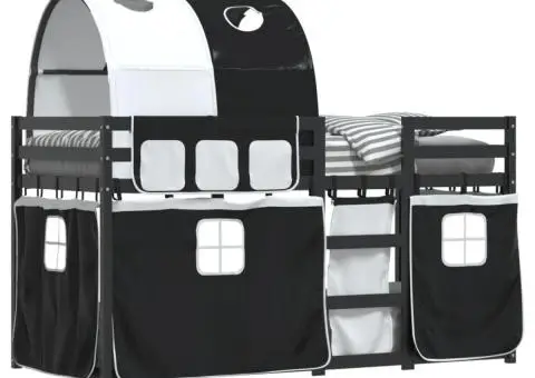 Pat supraetajat de copii perdele, alb/negru, 90x190 cm lemn pin - 4/5