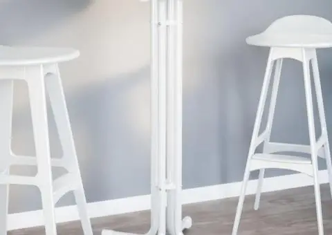 Masă de bucătărie, alb, Ø70x110 cm, lemn prelucrat și oțel - 1/5