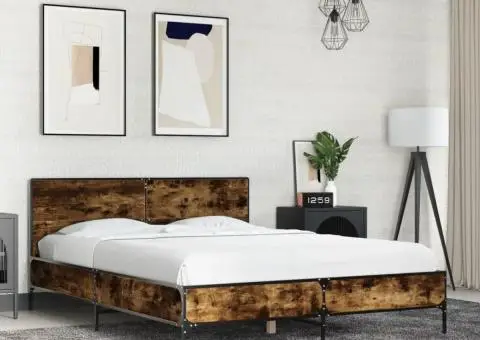 Cadru de pat, stejar afumat 140x190 cm lemn prelucrat și metal - 1/5