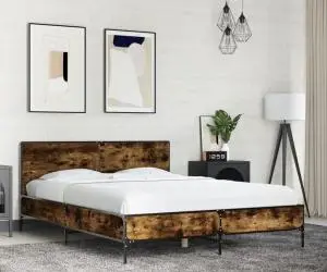 vidaXL Cadru de pat, stejar afumat 135x190 cm lemn prelucrat și metal