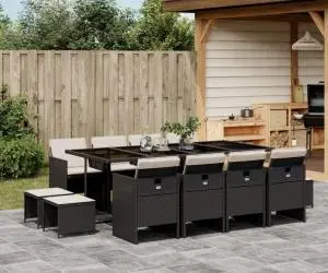 vidaXL Set mobilier de grădină cu perne, 13 piese, negru, poliratan