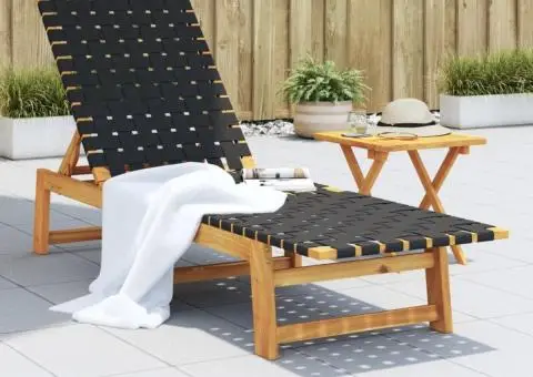 Șezlong, negru, lemn masiv de acacia și țesătură - 1/5