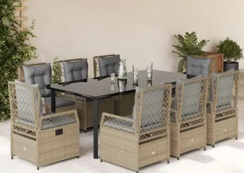 Set de masă pentru grădină, 9 piese, cu perne, bej, poliratan - 1/5