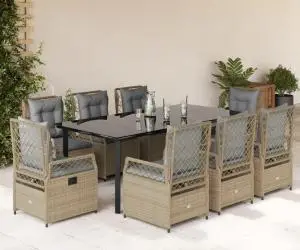 vidaXL Set de masă pentru grădină, 9 piese, cu perne, bej, poliratan
