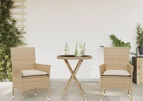 Set bistro cu perne, 3 piese, bej, poliratan și sticlă - 1/5