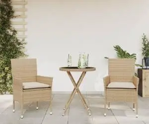 vidaXL Set bistro cu perne, 3 piese, bej, poliratan și sticlă