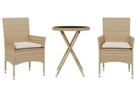 Set bistro cu perne, 3 piese, bej, poliratan și sticlă - 2/5