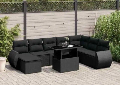 Set mobilier de grădină cu perne, 9 piese, negru, poliratan - 1/5