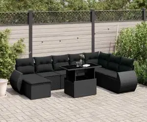 vidaXL Set mobilier de grădină cu perne, 9 piese, negru, poliratan
