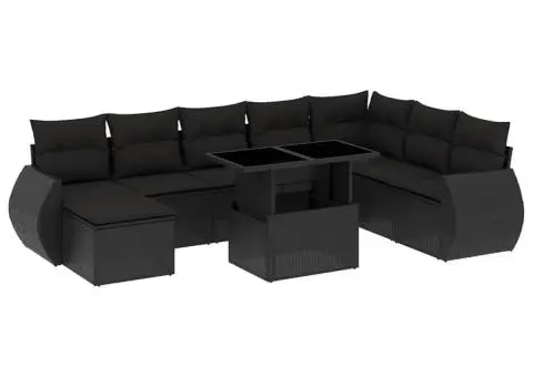 Set mobilier de grădină cu perne, 9 piese, negru, poliratan - 2/5