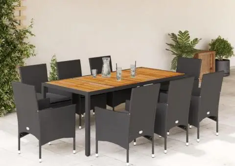 Set mobilier grădină perne 9 piese negru poliratan/lemn acacia - 1/5