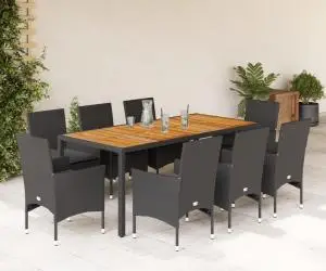 vidaXL Set mobilier grădină perne 9 piese negru poliratan/lemn acacia