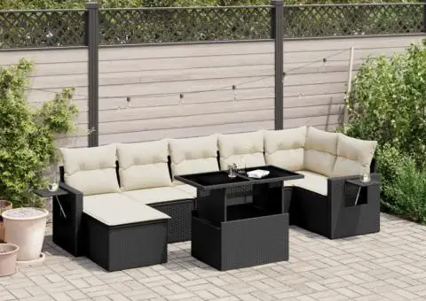 Set mobilier de grădină cu perne, 8 piese, negru, poliratan - 1/5