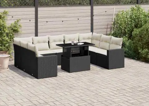 Set canapele de grădină cu perne, 10 piese, negru, poliratan - 1/5