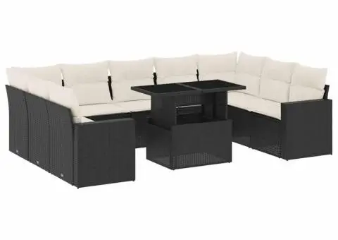 Set canapele de grădină cu perne, 10 piese, negru, poliratan - 2/5