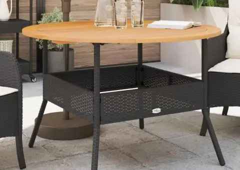 Masă grădină, blat din lemn acacia, negru, Ø110x71 cm poliratan - 1/5