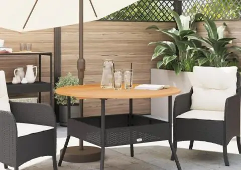 Masă grădină, blat din lemn acacia, negru, Ø110x71 cm poliratan - 3/5