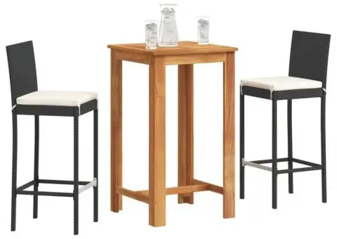 Set bar de grădină 3 piese negru lemn masiv acacia și poliratan - 1/5