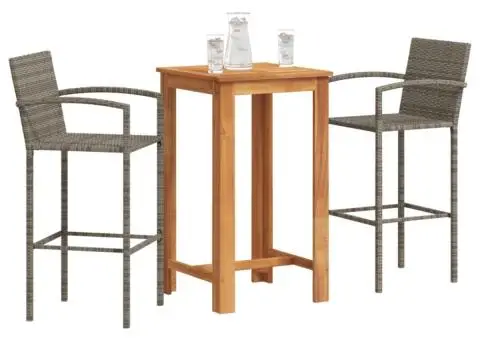 Set bar de grădină, 3 piese, gri, lemn masiv acacia/ poliratan - 1/5