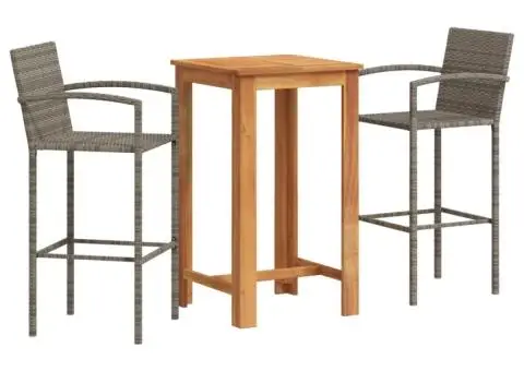 Set bar de grădină, 3 piese, gri, lemn masiv acacia/ poliratan - 2/5