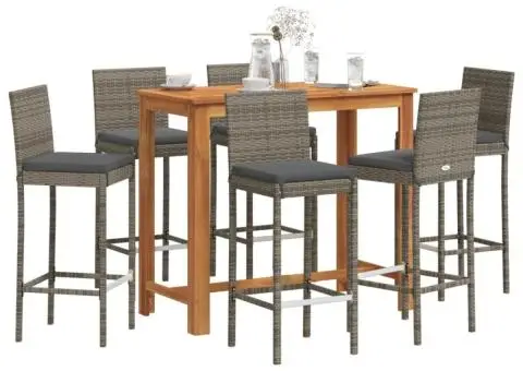 Set bar de grădină, 7 piese, gri, lemn masiv acacia/ poliratan - 1/5