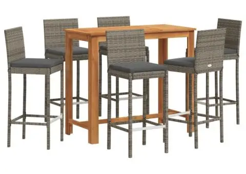 Set bar de grădină, 7 piese, gri, lemn masiv acacia/ poliratan - 2/5