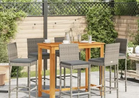 Set bar de grădină, 7 piese, gri, lemn masiv acacia/ poliratan - 3/5