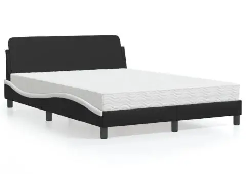 Pat cu saltea, negru și alb, 140x190 cm, piele ecologică - 1/5