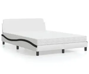 vidaXL Pat cu saltea, alb și negru, 140x200 cm, piele ecologică